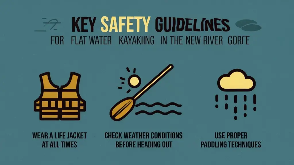 Infographic highlighting essential safety guidelines for flat water kayaking in the New River Gorge, including life jackets and weather checks.