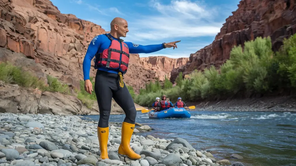 A rafting guide showcasing expert-recommended neoprene boots on a rocky riverbank.  