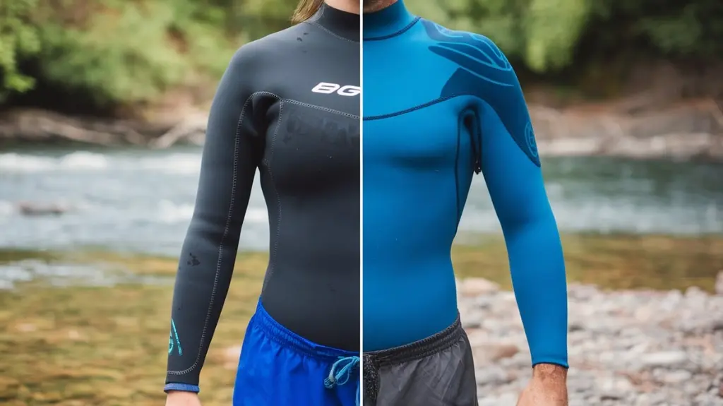 Comparison of a well-fitting and ill-fitting rafting wetsuit, emphasizing the importance of fit and flexibility.