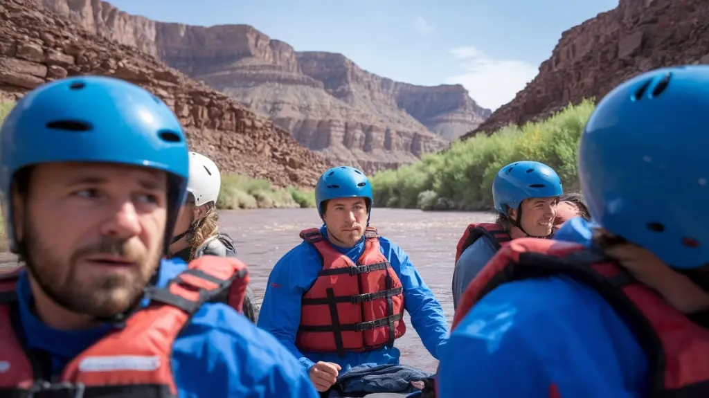 Rafters preparing for their Grand Canyon adventure by putting on safety gear, highlighting essential preparation steps.