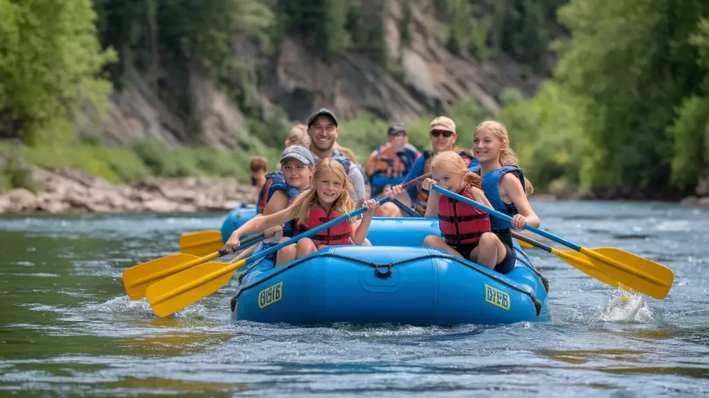 Family enjoying a gentle white water rafting trip on the Lower Pigeon River in Gatlinburg.