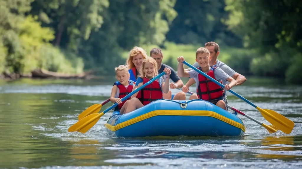 Family enjoying a peaceful rafting experience on the Lower Pigeon River, highlighting fun and bonding in nature.