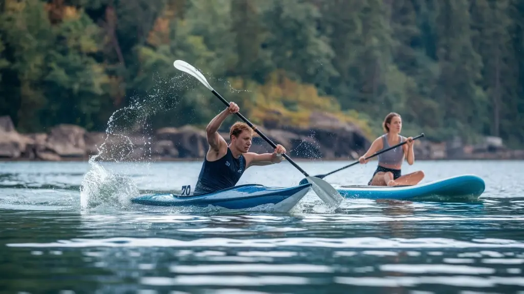 Action shot of a kayaker racing alongside a paddle boarder, illustrating the performance differences between the two crafts.