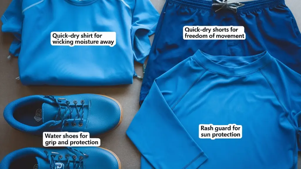 Flat lay of essential river rafting clothing items, showcasing quick-dry shirts, shorts, and water shoes with labels.