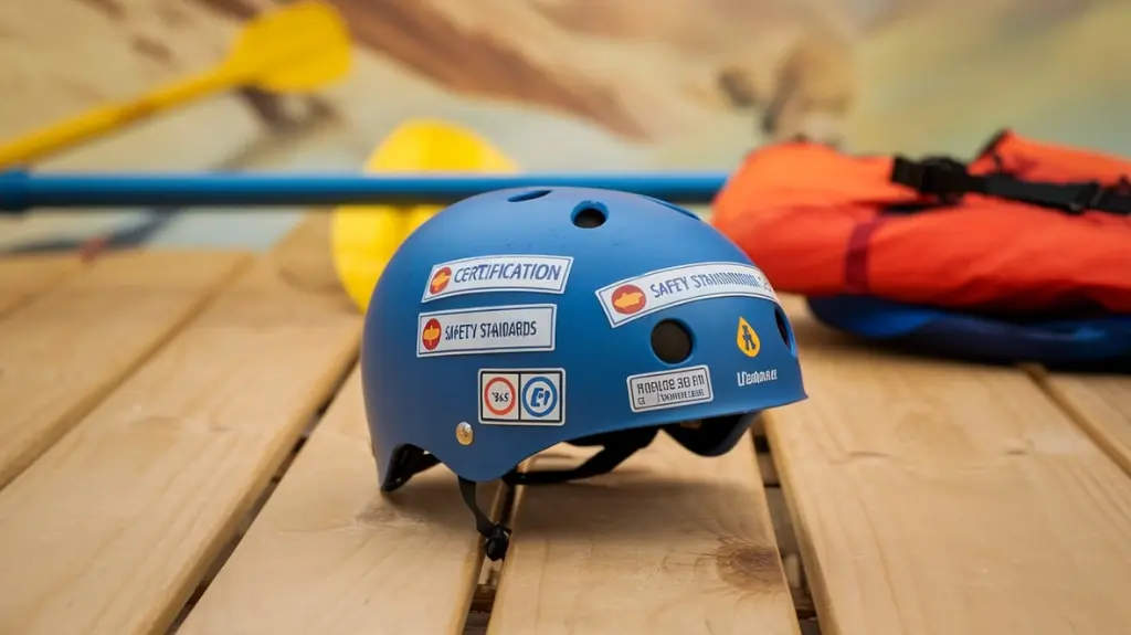 Rafting helmet with certification labels, highlighting safety standards and regulations for river safety gear.