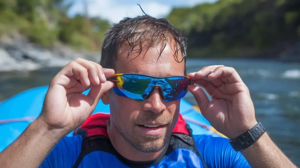 Rafter adjusting secure-fitting sunglasses during a rafting trip, highlighting comfort and stability.