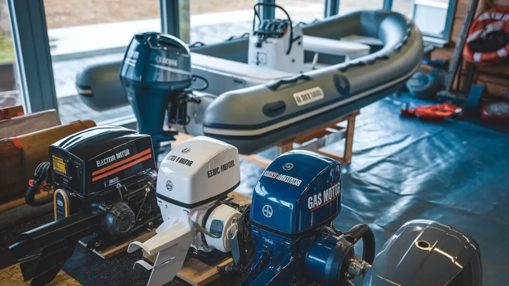 Electric and gas motors for inflatable boats, highlighting specs like horsepower.