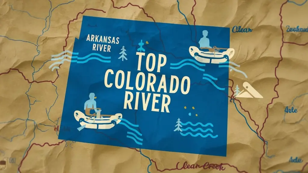 Map of Colorado highlighting top family-friendly rafting locations like Arkansas River and Clear Creek.