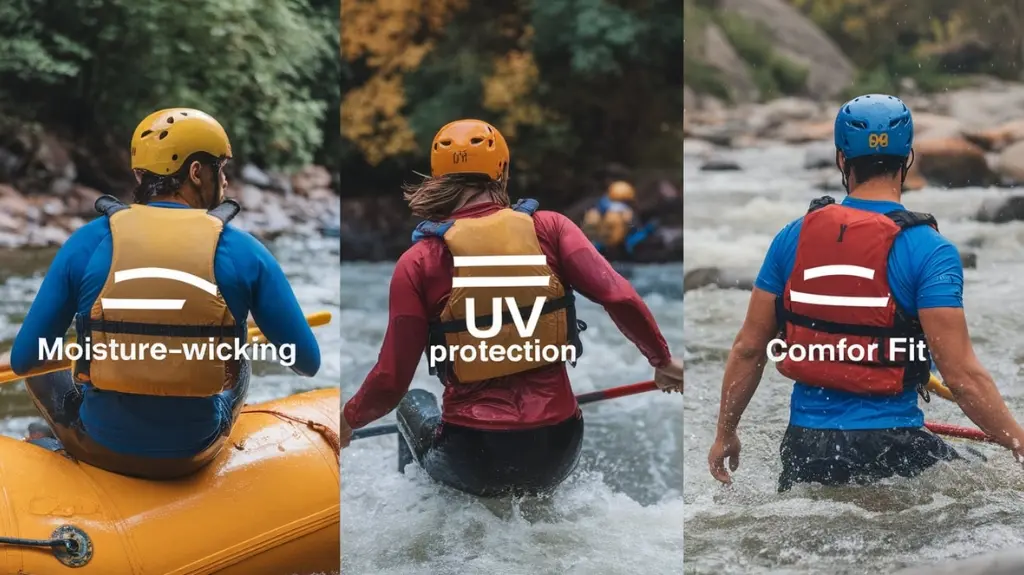 Display of top-tier rafting shirts showcasing brand logos and fabric textures in a retail setting.