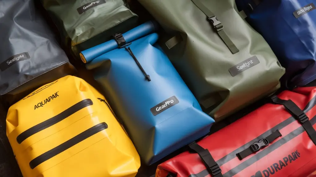 Flat lay image of top-rated waterproof rafting bags for 2025, showing popular brands and models for river adventures.