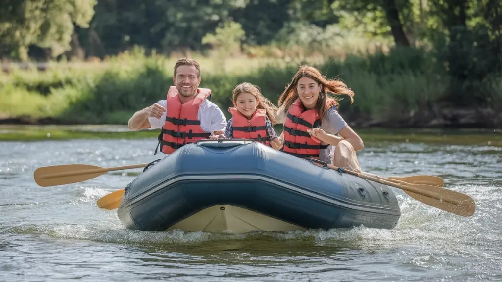 Family using a 4 man inflatable boat on a river, showcasing performance in different water conditions.