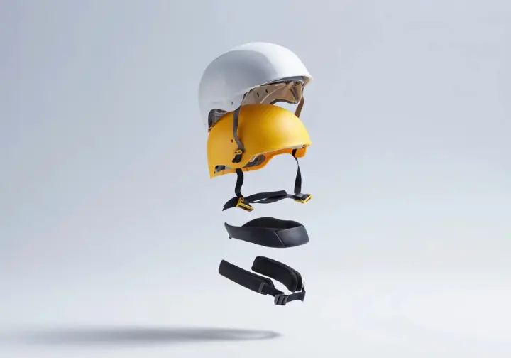 Exploded view showing the anatomy of a rafting helmet: outer shell, foam liner, padding, and retention straps.