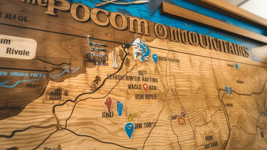 Map of the Pocono Mountains highlighting the best locations for whitewater rafting, including the Lehigh River and Jim Thorpe.