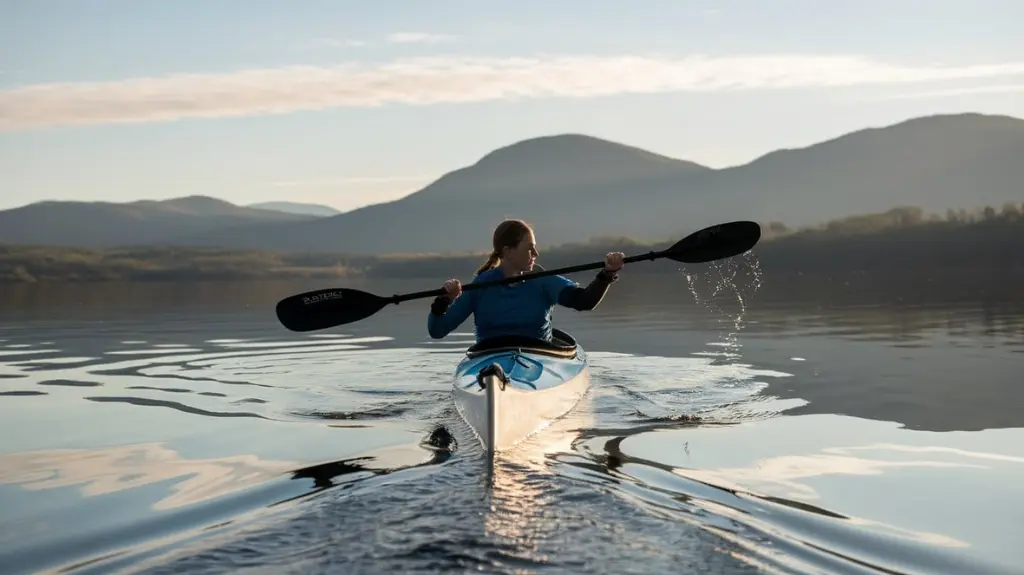 Kayaker wearing canoeing gloves in calm waters, showcasing the comfort and practicality of gloves for peaceful rafting experiences.