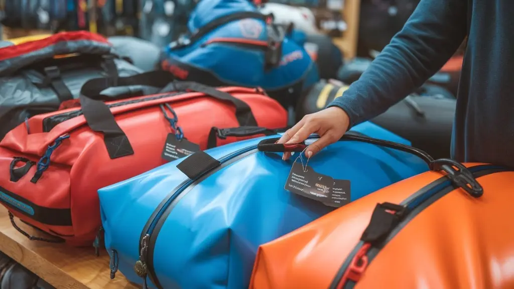 Person inspecting waterproof rafting bags with tips on choosing the right bag for river adventures, considering size, material, and closures.