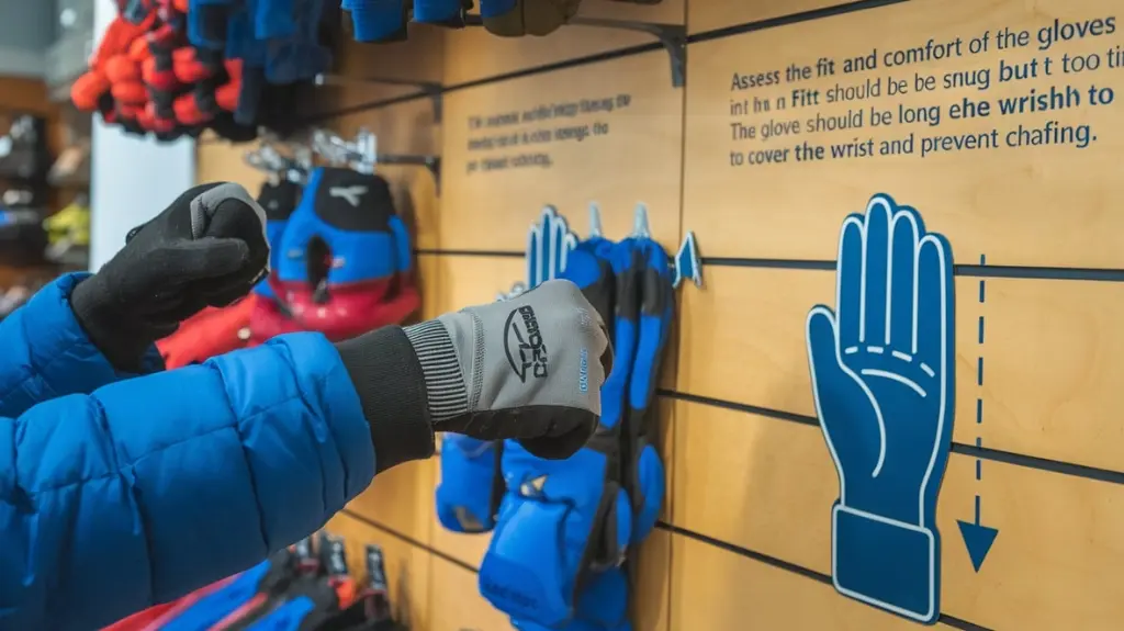 Graphic showing a person trying on rafting gloves, with pointers on assessing fit and comfort for choosing the right pair.