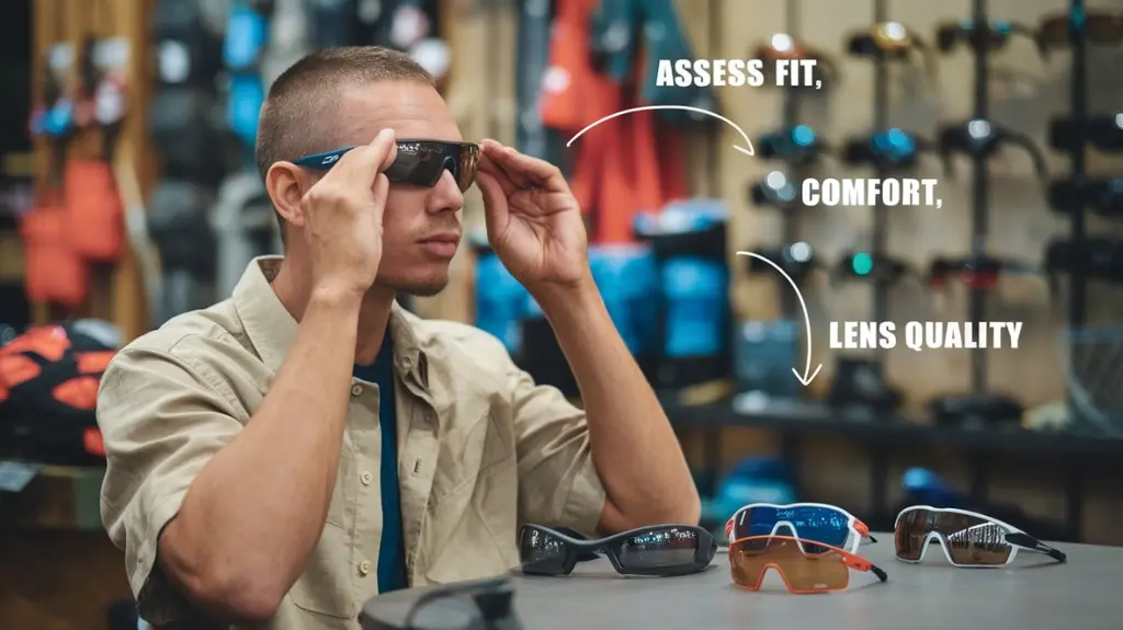 Instructional graphic showing a person trying on sunglasses in an outdoor gear store, with pointers on assessing fit and lens quality for rafting.