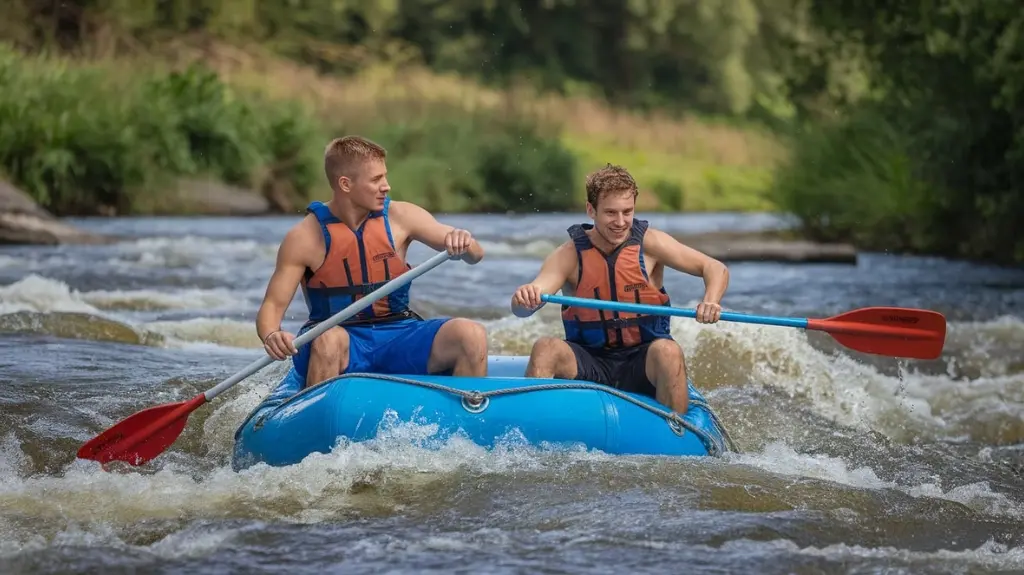 Rafting adventurers wearing different styles of rafting shorts, showing the importance of comfort and mobility on the river.