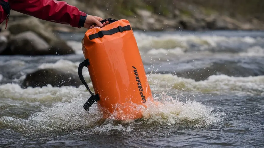 Dry bag submerged in whitewater, demonstrating its waterproof durability and resilience in rafting conditions.