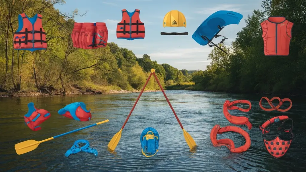 Infographic of essential preparation gear for river rafting, including life jackets and safety equipment.