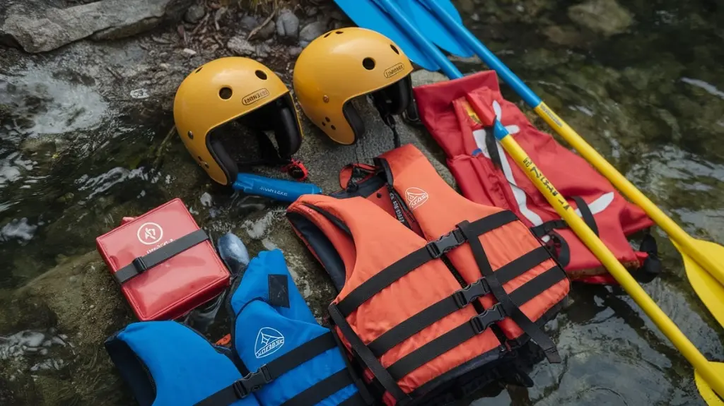 Flat lay of essential rafting safety gear including helmets and life jackets, emphasizing their importance for safety.