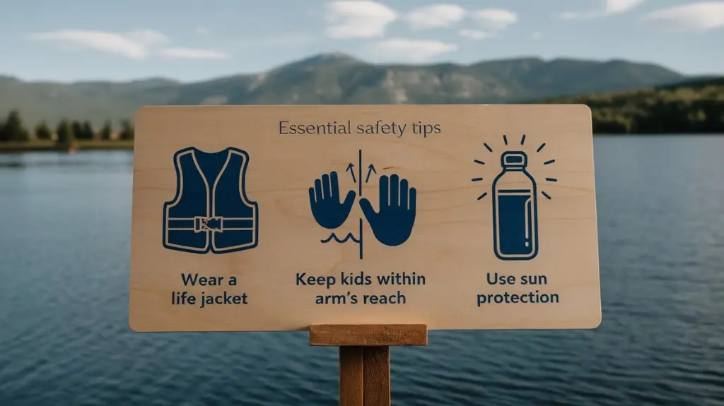 Infographic showing safety tips for family float trips, including life jackets, hydration, and sun protection.