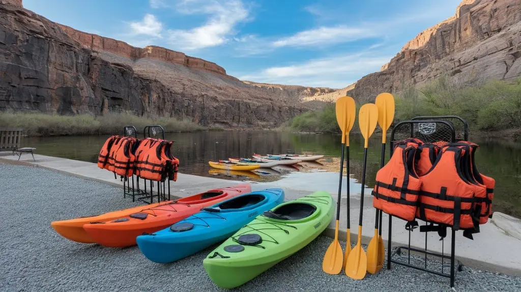 Kayaking equipment available for rental at the New River Gorge, featuring kayaks, paddles, and safety gear.