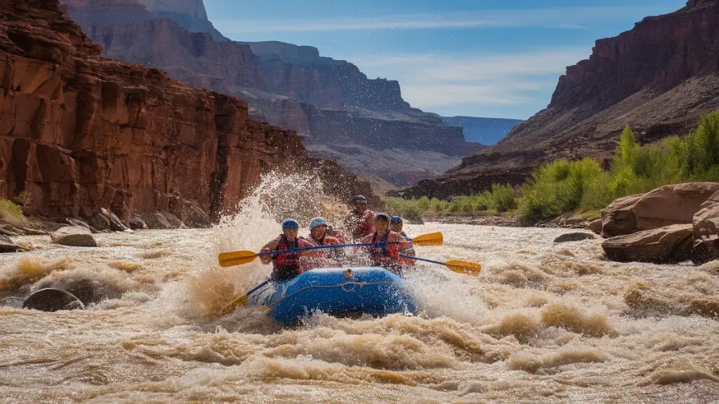 Rafters navigating rapids on the Colorado River, experiencing the thrill of the Grand Canyon from the water.