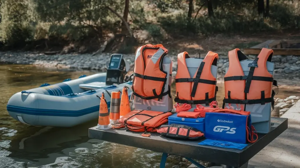 Essential safety gear for inflatable boat trips, including life jackets and flares.