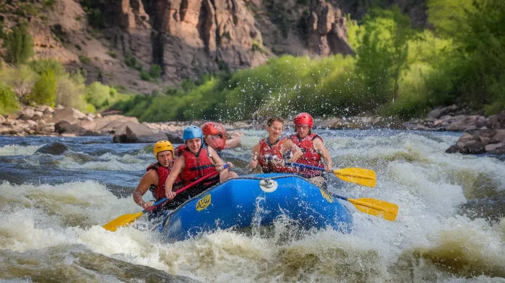 Rafters navigating Class III rapids on the Snake River in Jackson Hole, highlighting the whitewater experience.