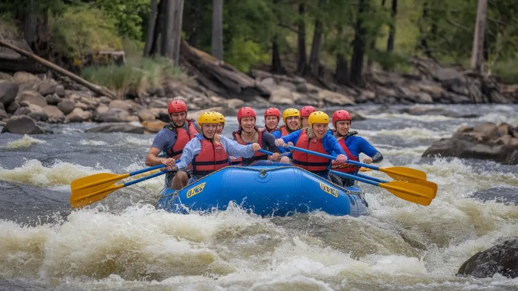 Rafters navigating Kaituna River rapids, showcasing teamwork and excitement for an unforgettable rafting experience.