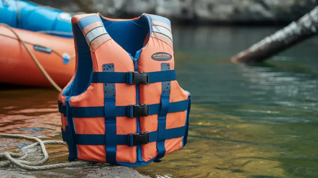 Key features of a rafting PFD including adjustable straps, storage pockets, and reflective material.