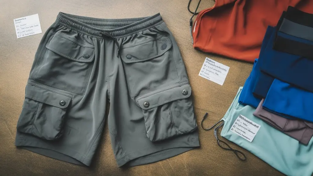 Detailed image showing materials used in kayaking shorts, including nylon and polyester, with notes on their performance.