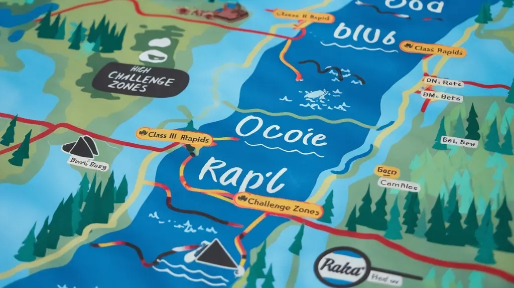 Illustrated map of the Ocoee River with marked rapid sections and difficulty levels, guiding adventurers through the river's thrilling challenges.