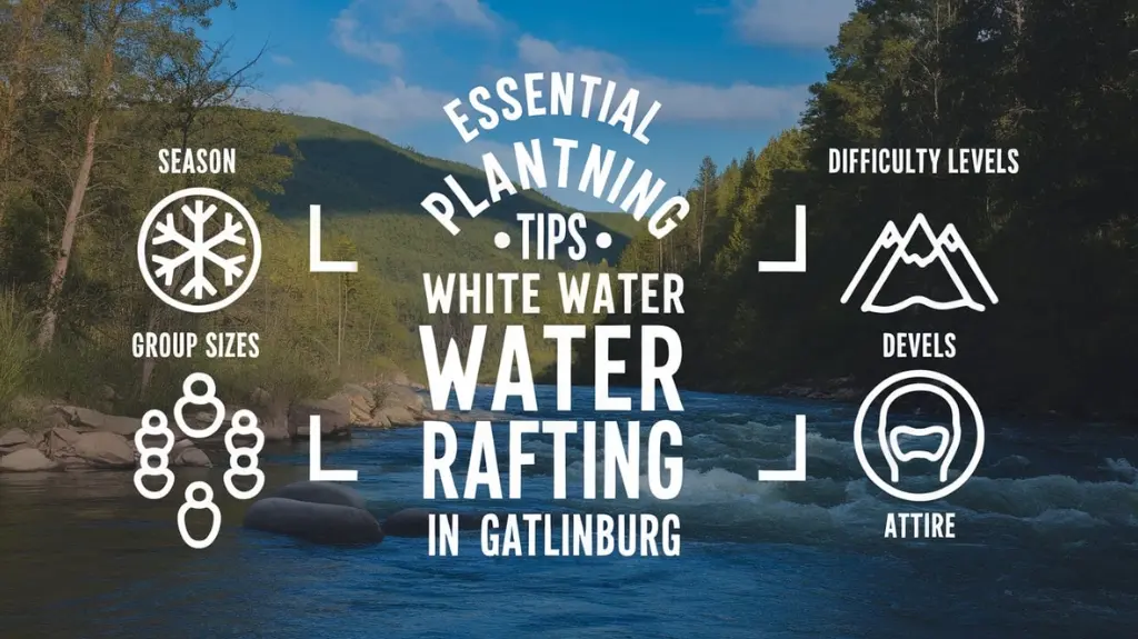 Checklist infographic on planning a white water rafting trip in Gatlinburg, covering season, group size, and difficulty level.