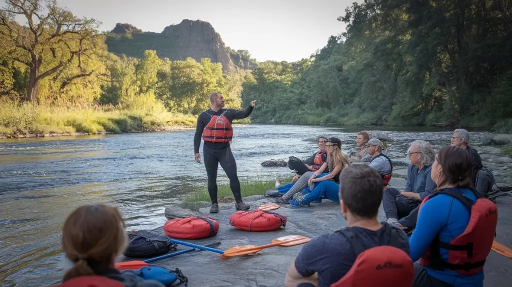 Rafting guide conducting a safety briefing for participants before embarking on a river adventure.