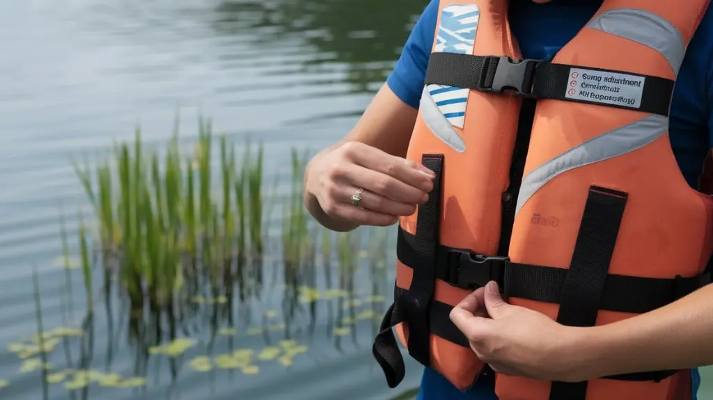 Person adjusting a PFD for proper fit, demonstrating key techniques for safety in rafting.