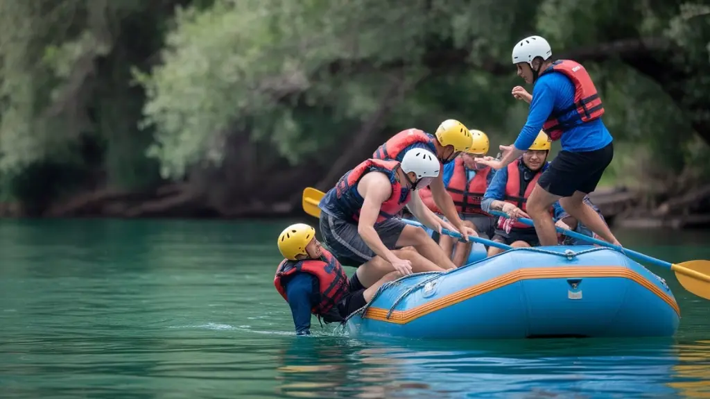 Rafters performing a rescue drill, showing safety protocols and emergency procedures for rafting.