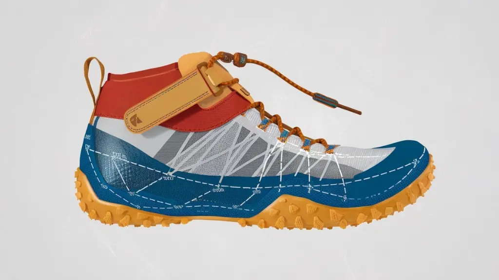 Diagram showing the construction and material technology of a women's white water rafting shoe.