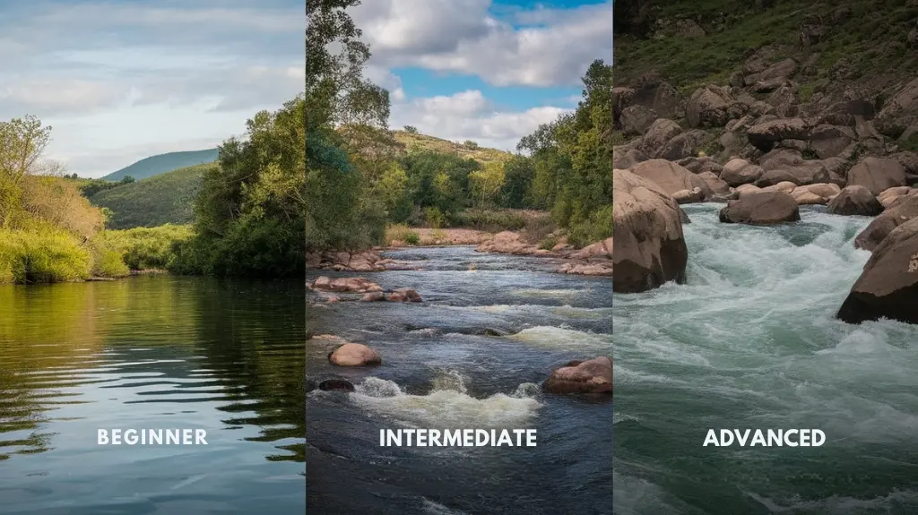 Montage of top rafting starting points in Colorado for beginner, intermediate, and advanced skill levels.