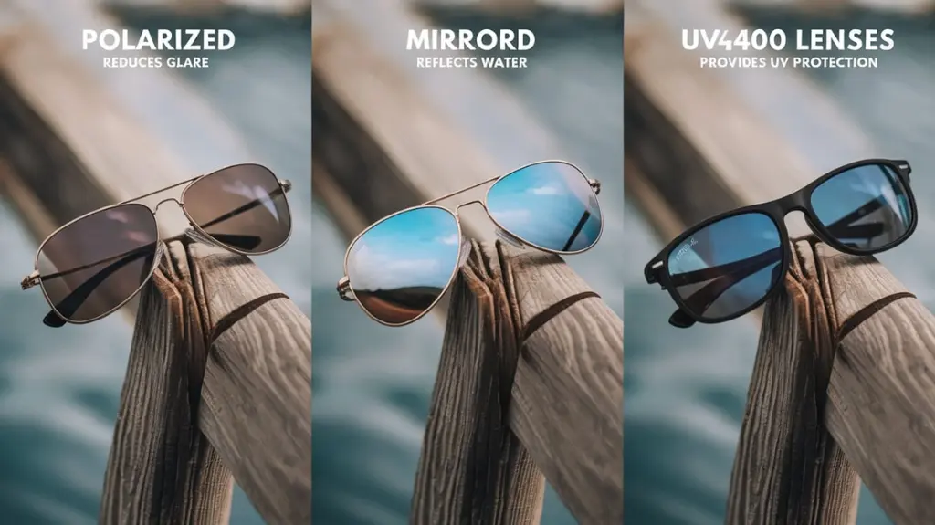 Comparison of different sunglass lenses for rafting, including polarized, mirrored, and UV400 lenses, showing their benefits.