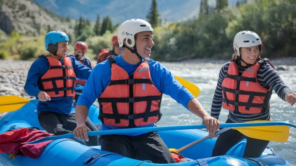 Rafters gearing up with helmets and personal flotation devices (PFDs) at the river’s edge, emphasizing safety gear.