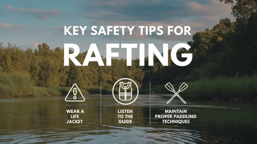 Infographic of safety tips for river rafting, emphasizing life jackets, guide instructions, and paddling techniques.