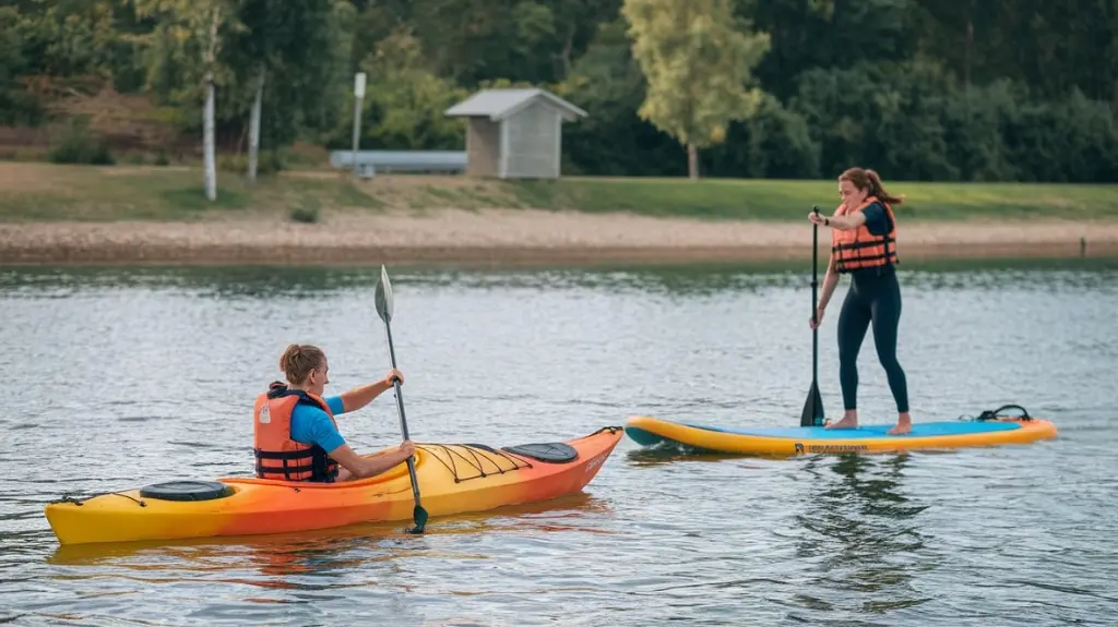 Beginners learning to kayak and paddle board with instructors in a calm water setting, showcasing the learning curve for each activity.