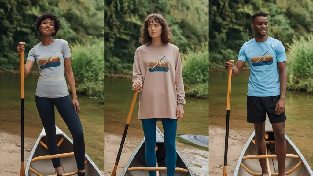 Side-by-side comparison of different canoeing t-shirt styles and fits, with models near a river holding paddles.