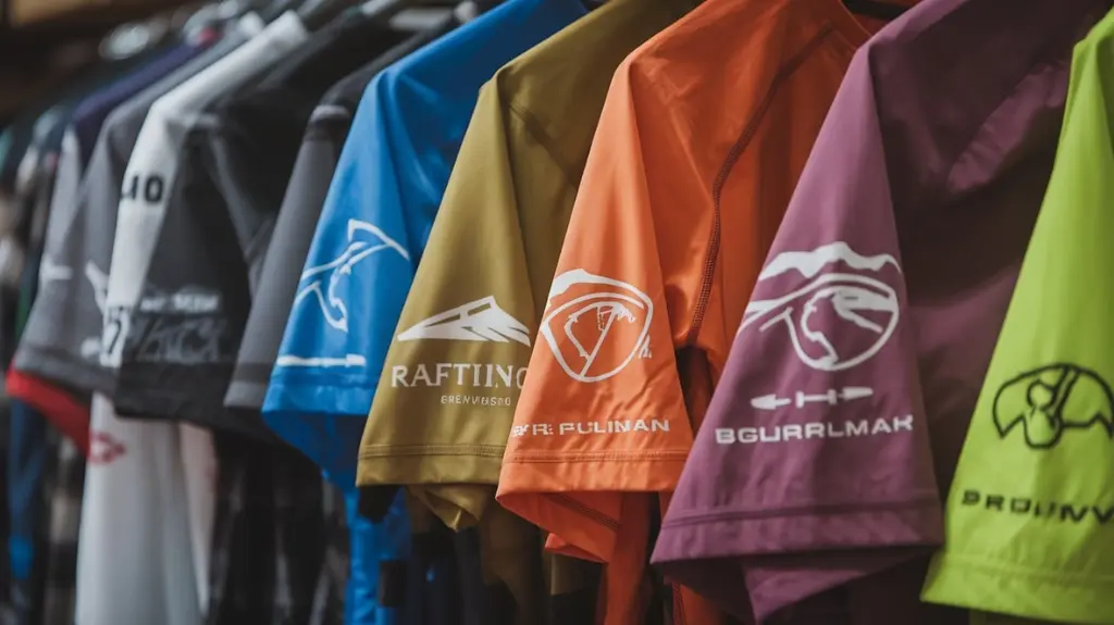 Educational graphic showcasing materials used in rafting shirts, including their performance features like moisture-wicking and durability.