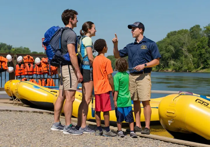 Family interacting with a guide at a well-organized outfitter base in daylight, symbolizing vetting reputable outfitters