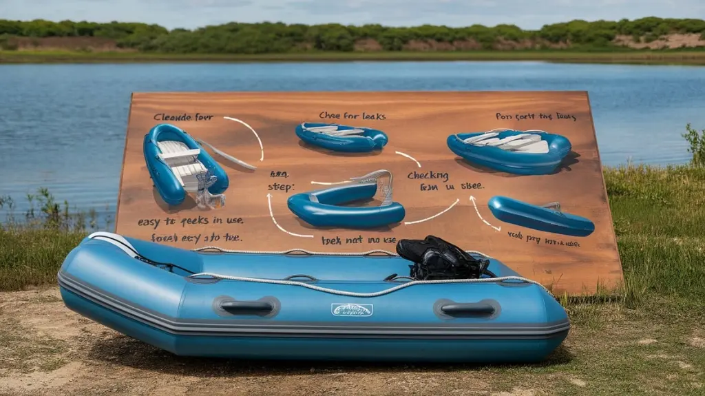 Visual guide showing maintenance steps for a 4-man inflatable boat, including cleaning and storage tips.