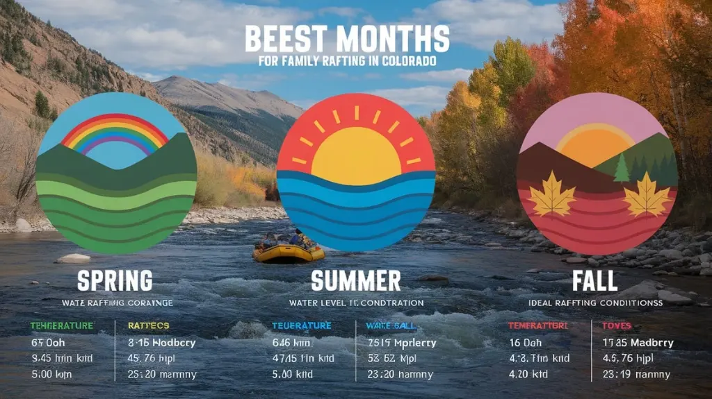 Infographic showing the best seasons and months for family rafting in Colorado, highlighting spring, summer, and fall.