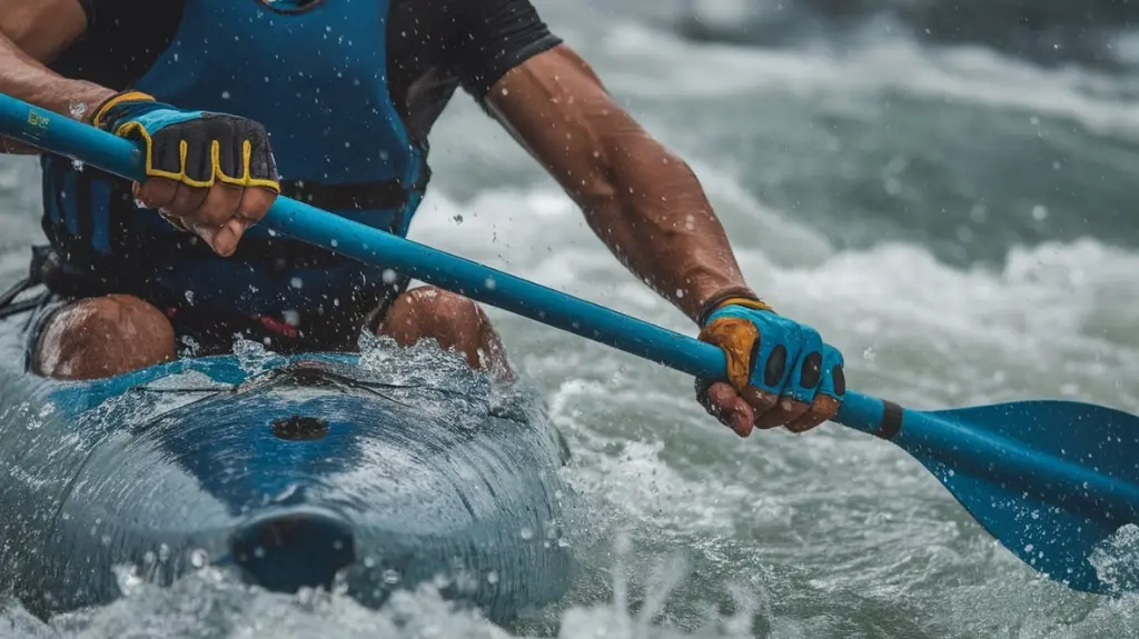 Rafter in chaotic waters wearing canoeing gloves, emphasizing the gloves' grip and protection during intense rafting situations.